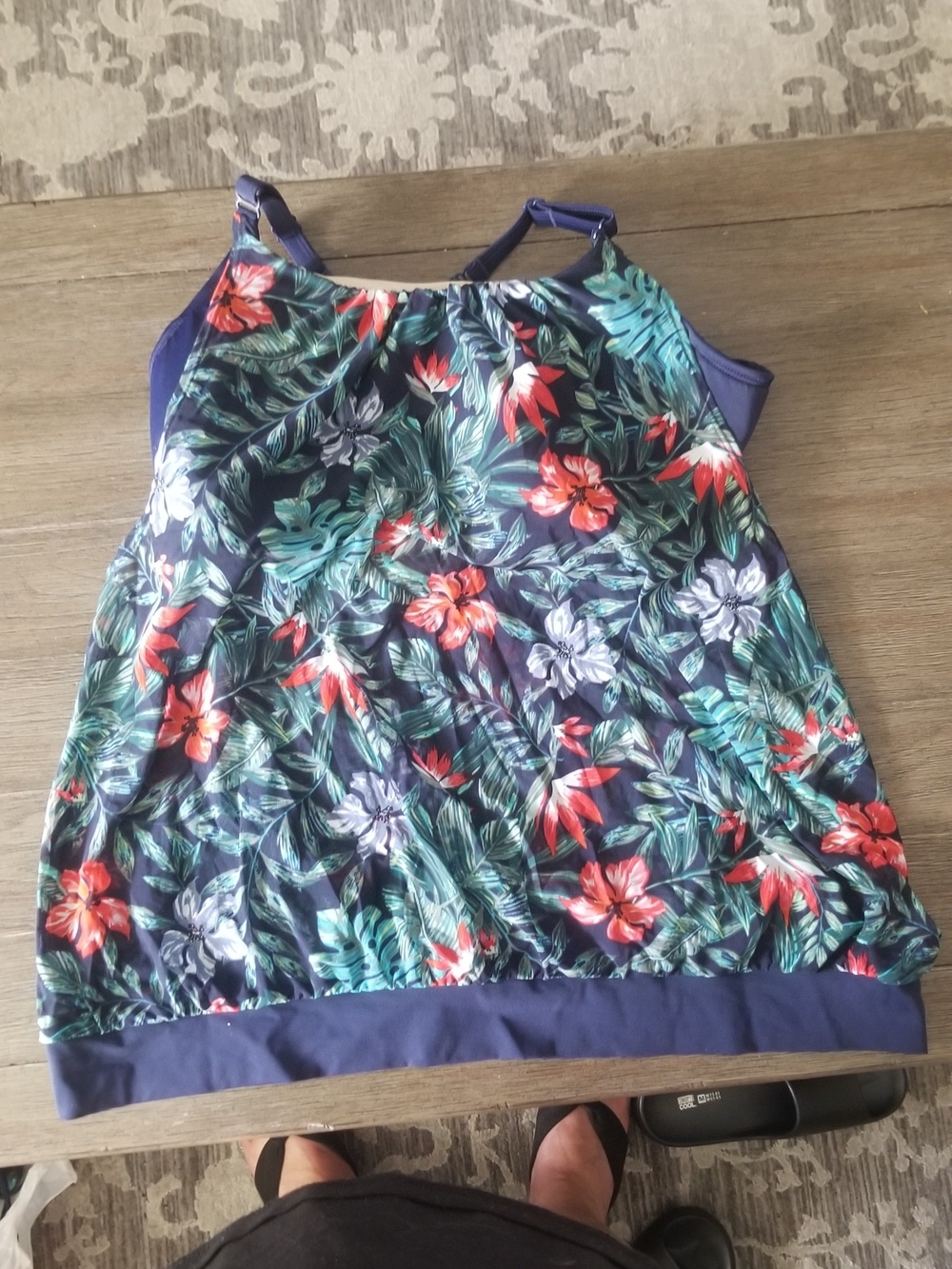 Lane Bryant Cacique Swim Navy Floral Halter Tankini Top with Red & Teal Prints